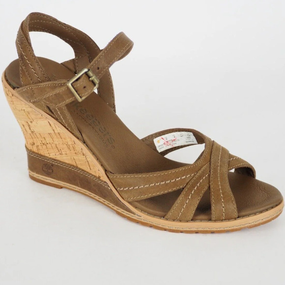 TIMBERLAND Maeslin Buckle Leather Cork Heel Wedge Sandal Womens Size 9 - Picture 1 of 16